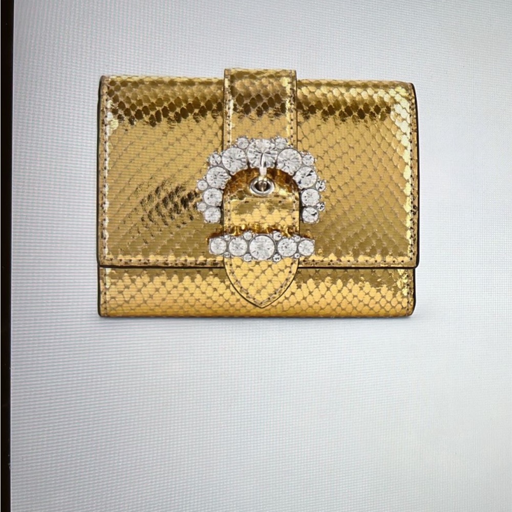 Gold Metallic Snake-Texture Compact Wallet with Crystal Buckle